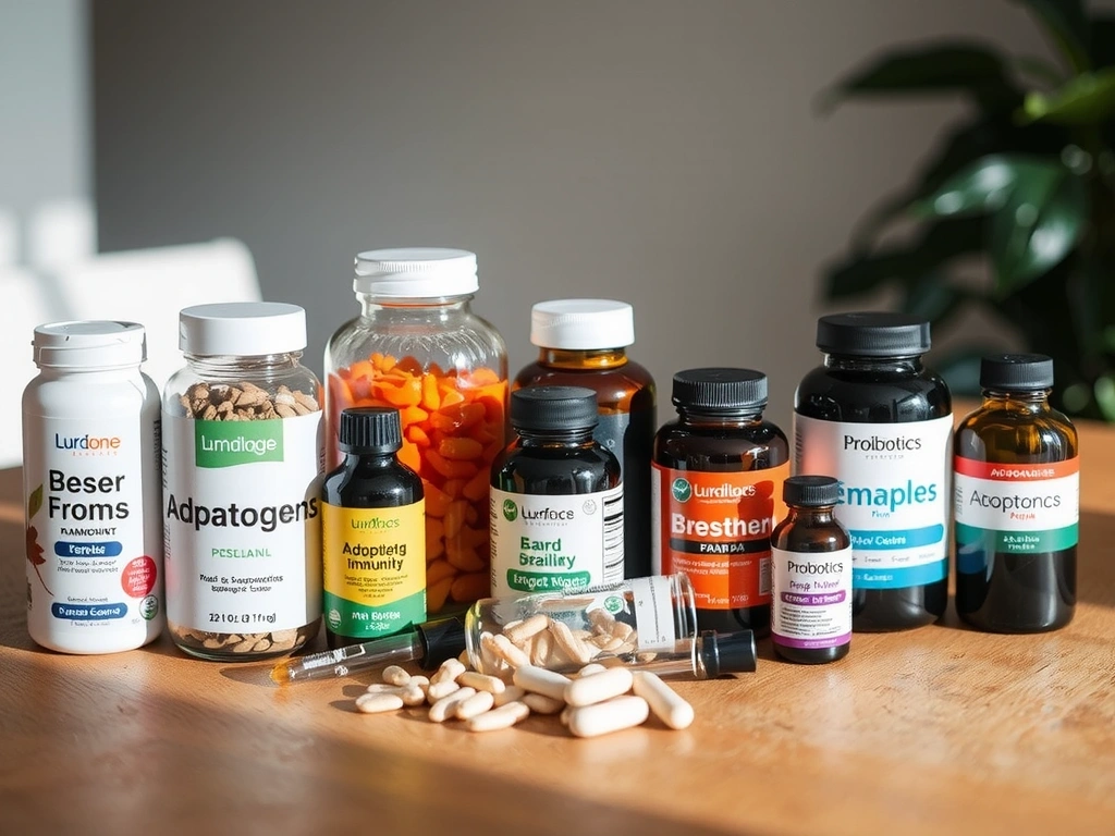 Różnorodne naturalne suplementy wspierające odporność, takie jak zioła, witaminy, adaptogeny, probiotyki w szklanych słoikach i fiolkach, ułożone na drewnianym stole w naturalnym świetle.