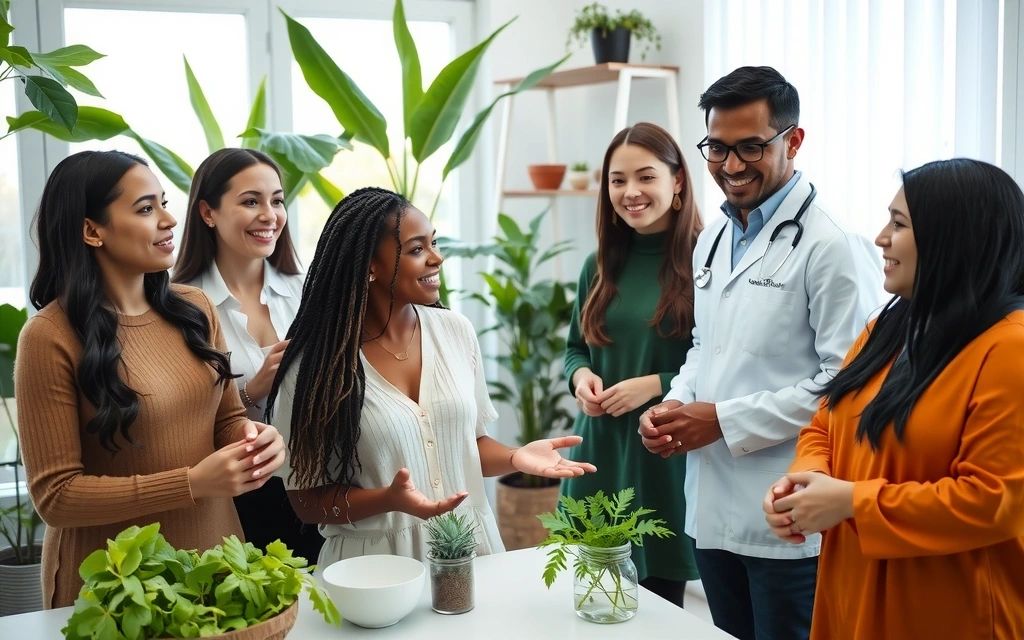 Grupa uśmiechniętych specjalistów w tle zielonego ogrodu, symbolizująca współpracę i wiedzę.