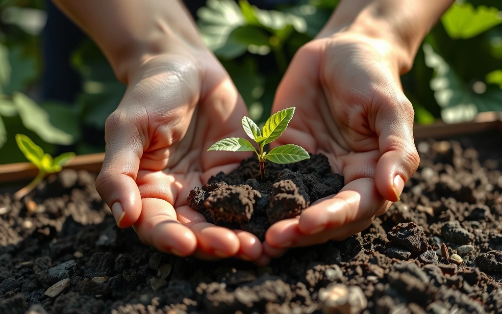 Ręce trzymające kiełkującą roślinę, symbolizujące naturalny wzrost i zdrowie.