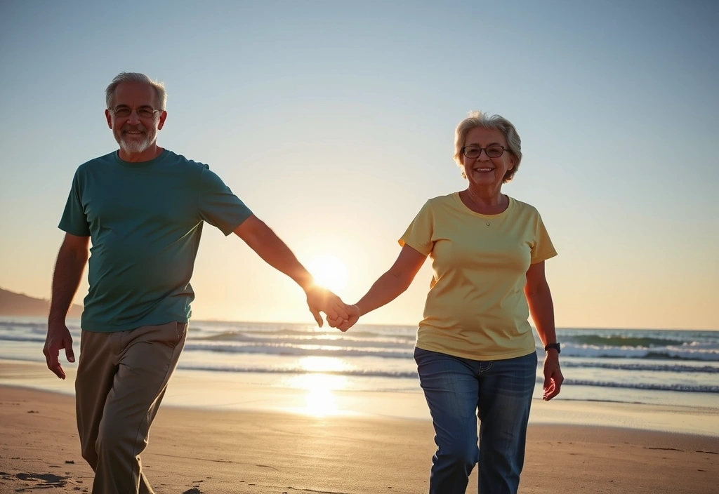 Starsza, aktywna para spacerująca po plaży, symbolizująca długoterminowe zdrowie i witalność.