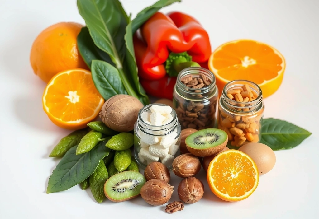 Różnorodność witamin i minerałów w kapsułkach i naturalnych źródłach, takich jak cytrusy i zielone warzywa.