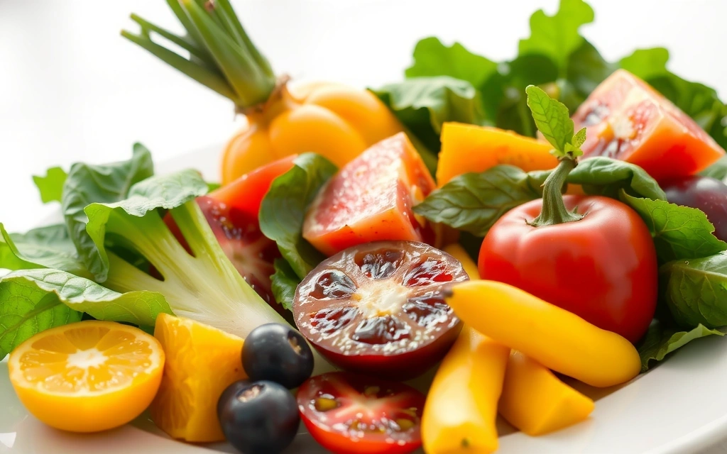 Talerz pełen świeżych, kolorowych warzyw i owoców